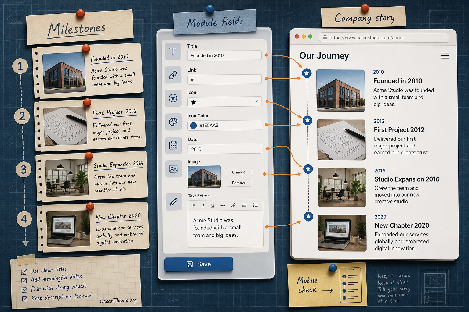 Example of a manual Themify Timeline workflow for a company history with dates, icons, and result review