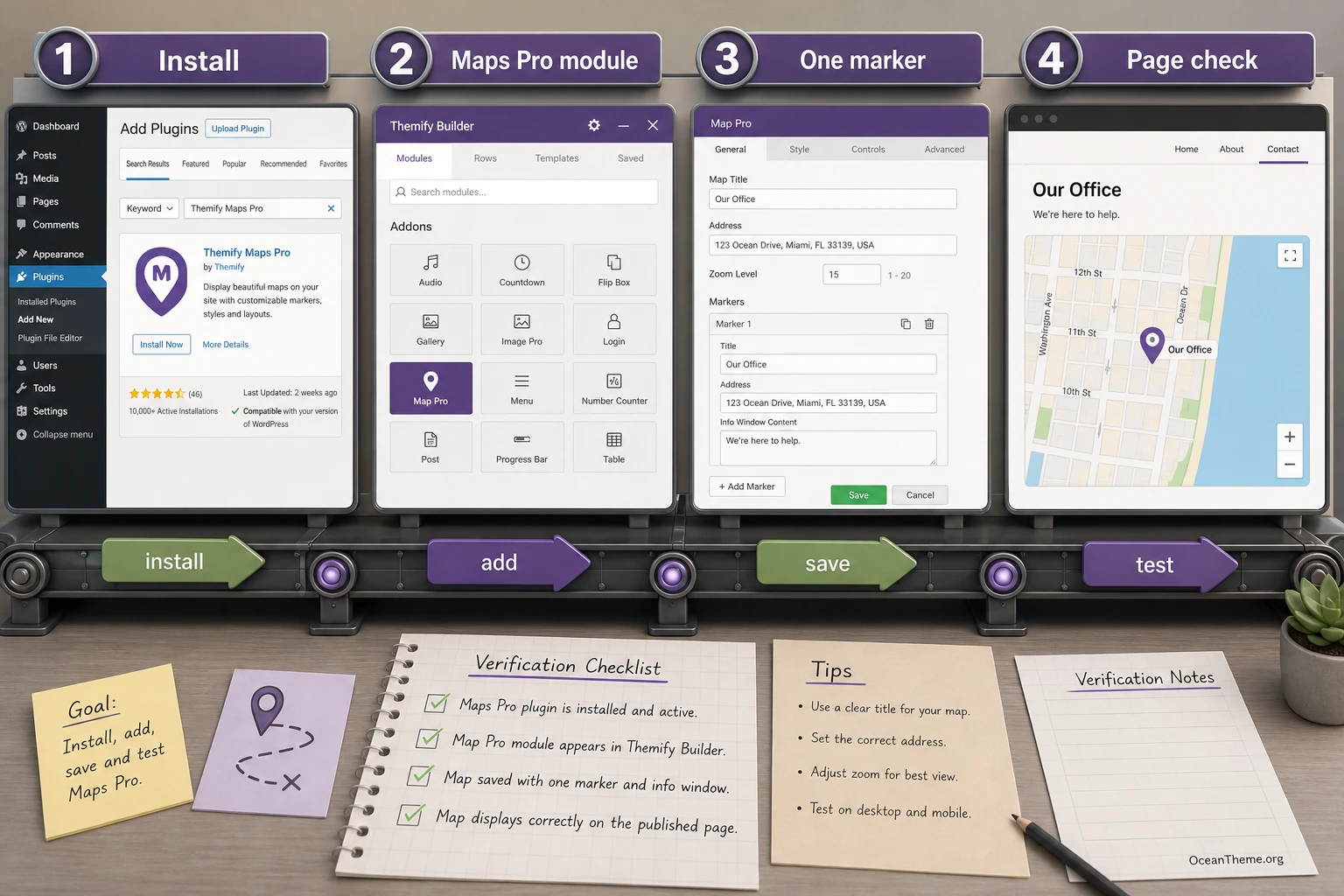 First-launch diagram for Themify Maps Pro inside the Themify Builder panel