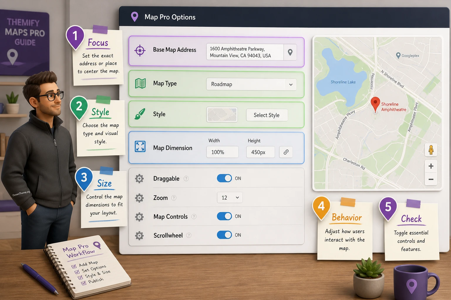 Themify Maps Pro settings map with base address, map type, style, and controls