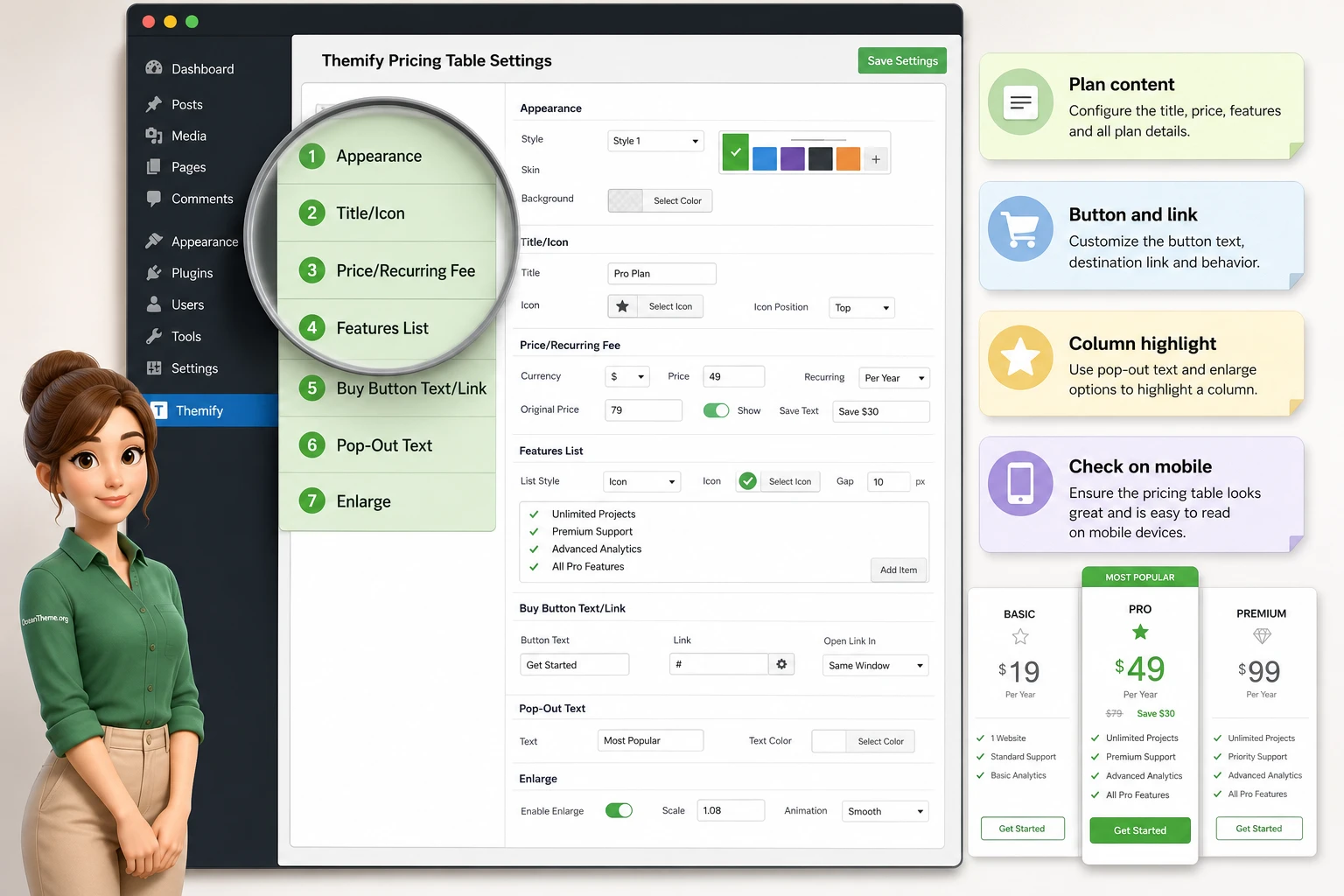 Field map for configuring Themify Pricing Table with a highlighted key column