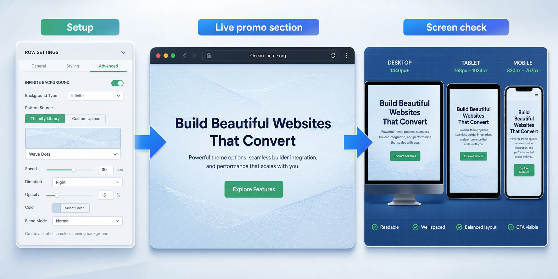 Practical example of using Themify Infinite Background in a website promo section