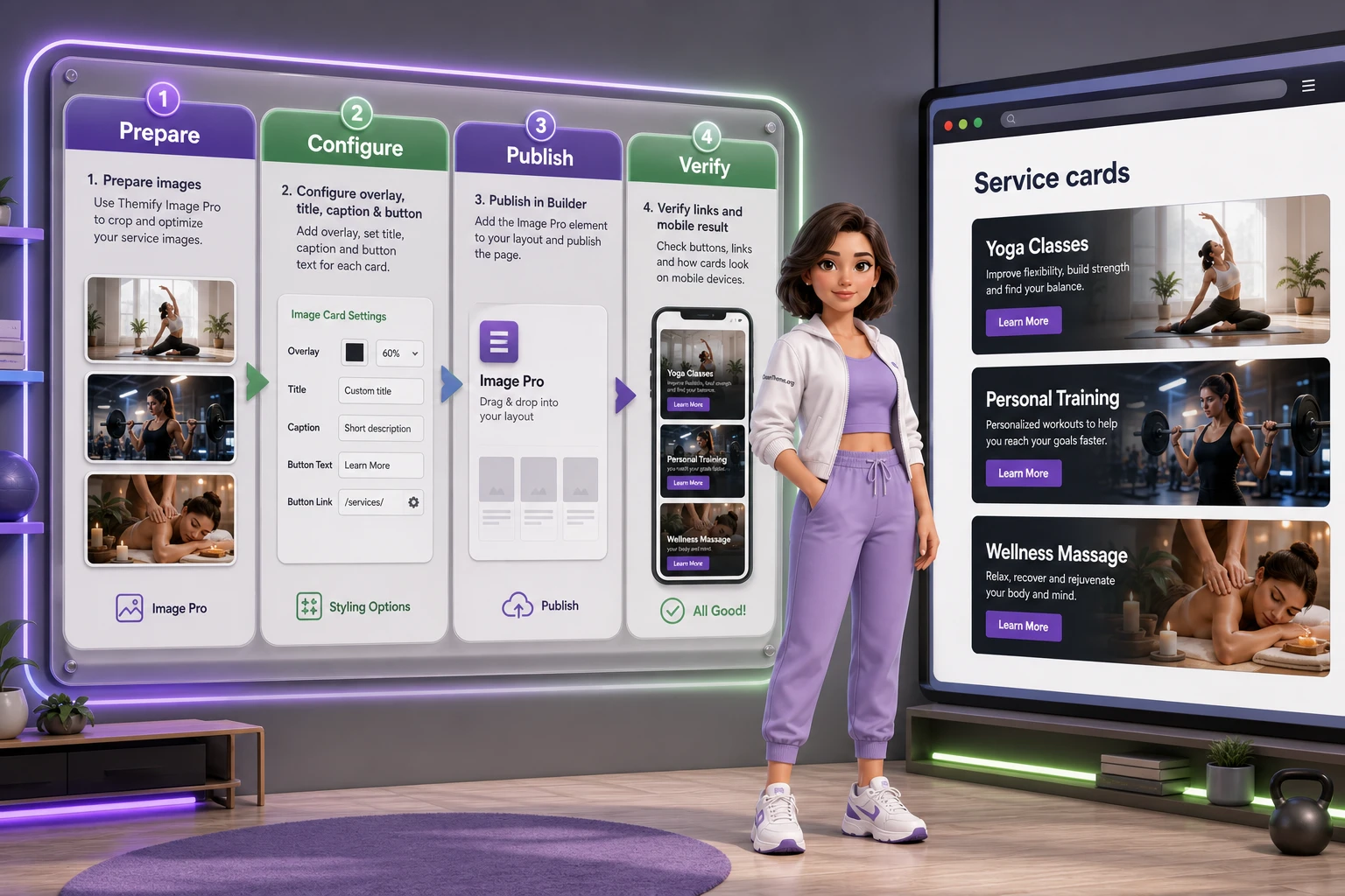Practical example of service cards in Themify Image Pro