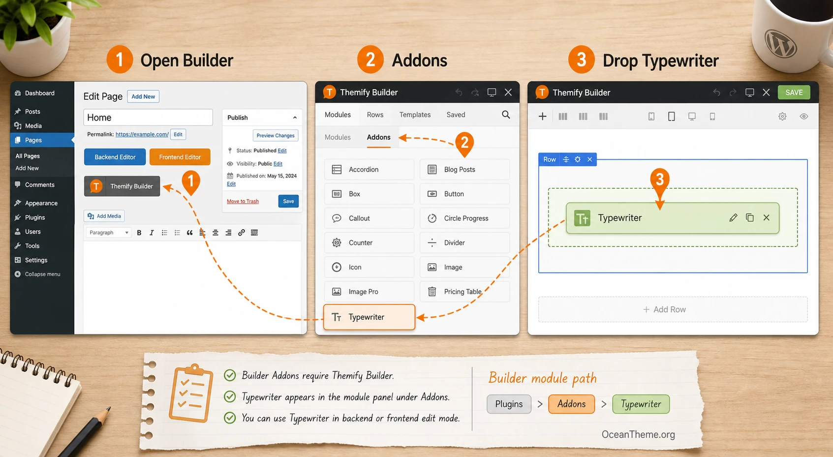 Path for adding the Typewriter module in the Themify Builder panel