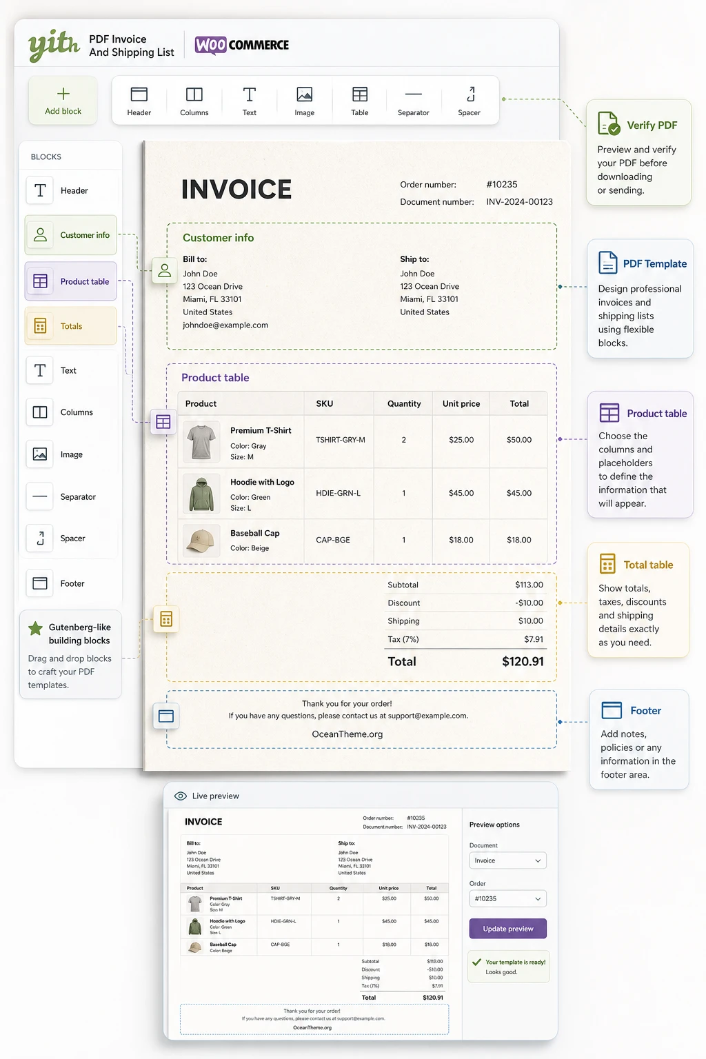 PDF template setup in YITH WooCommerce PDF Invoice And Shipping List with order data blocks