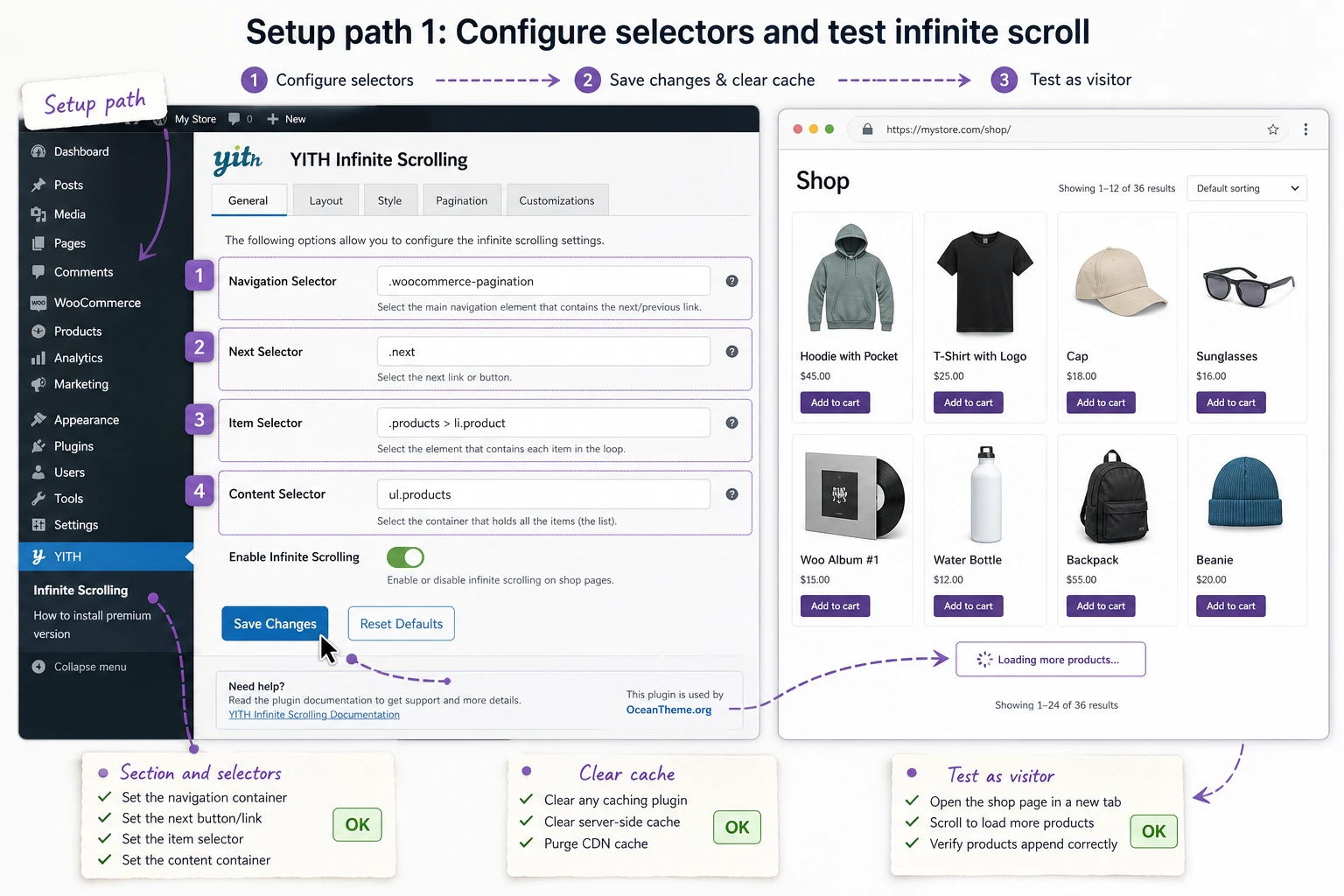 Map of the initial YITH Infinite Scrolling setup in the WordPress admin panel