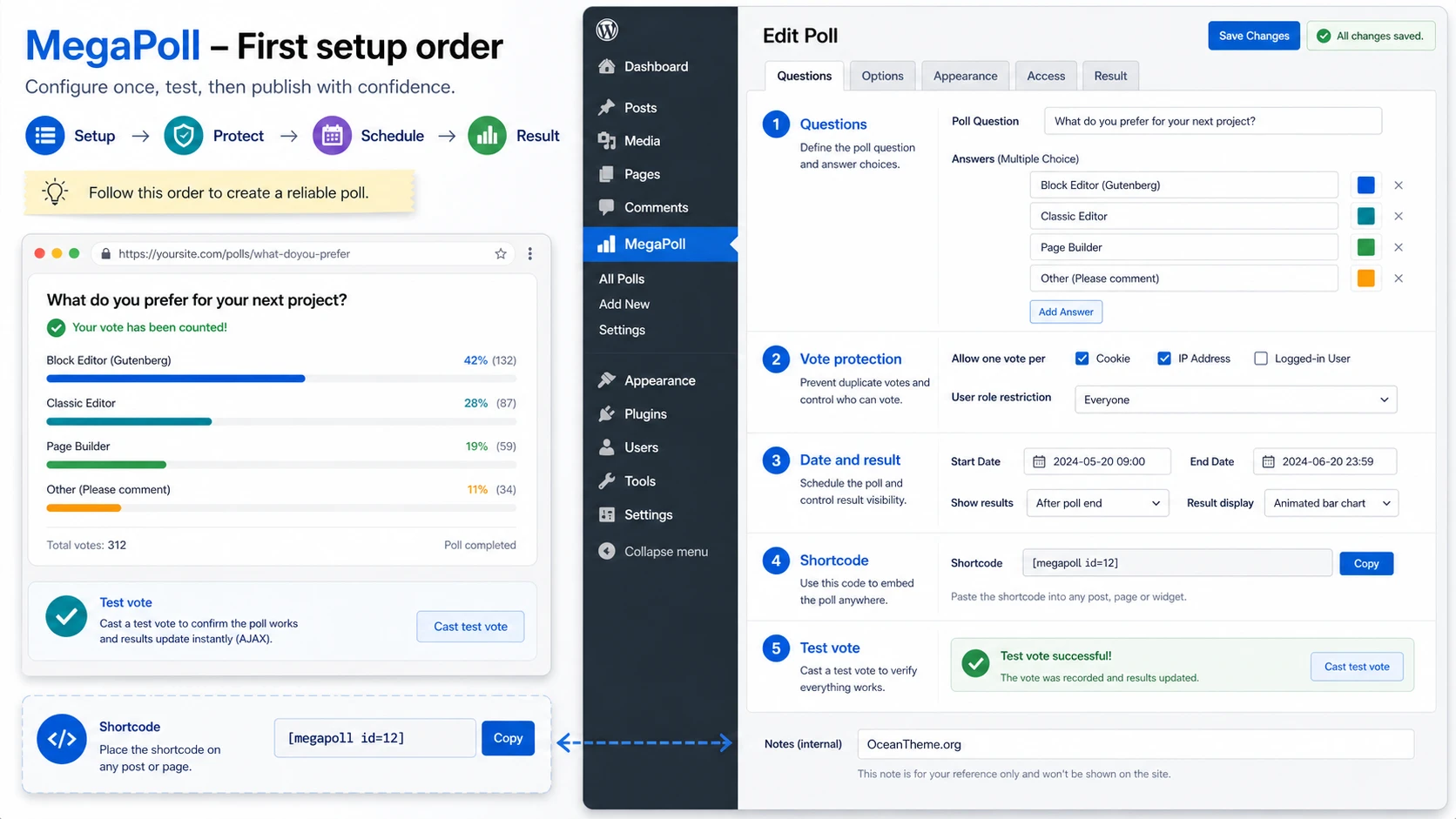 CodeCanyon MegaPoll settings map after installation in the WordPress admin panel