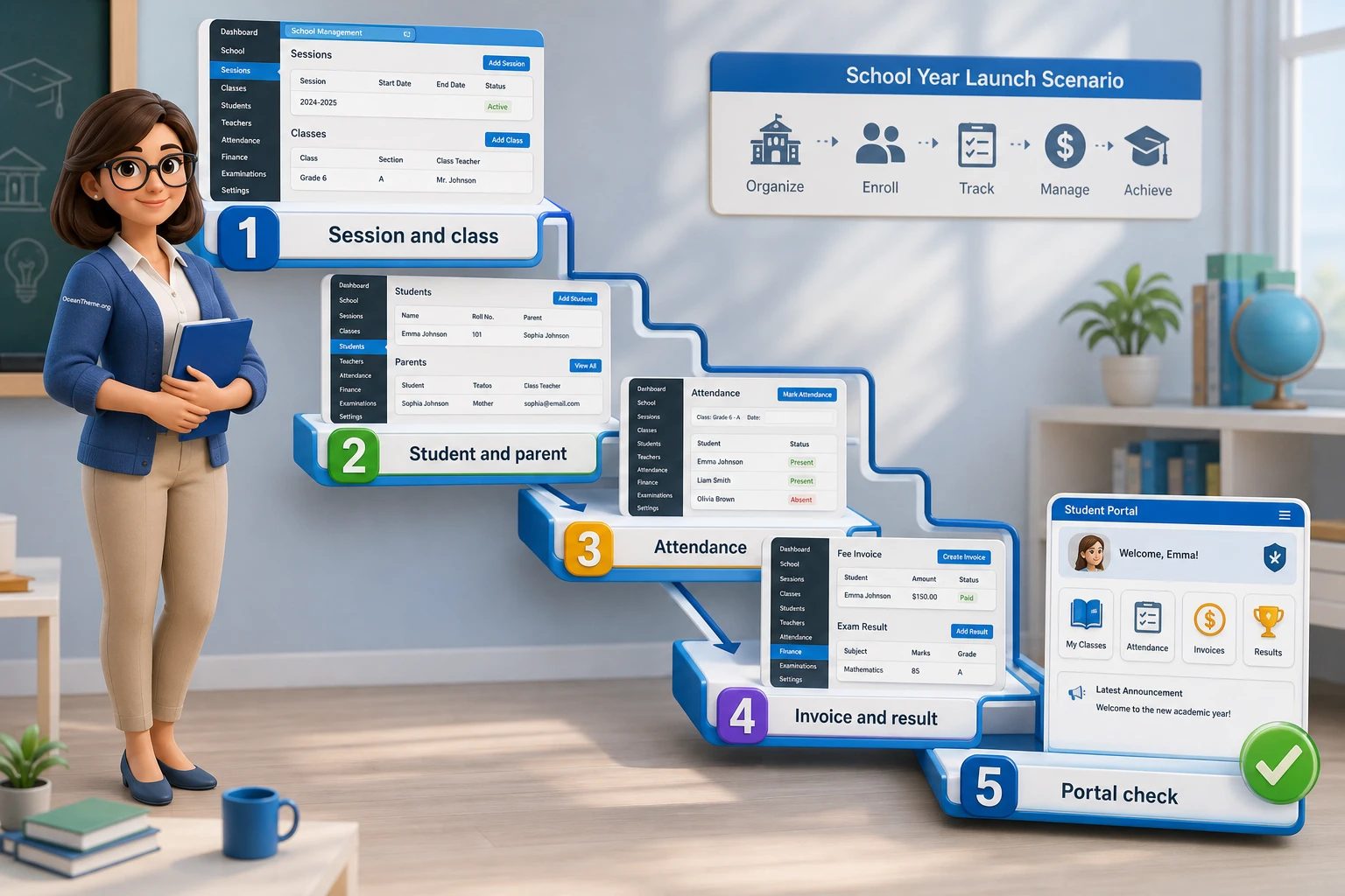 Practical setup scenario for School Management System from session to student dashboard