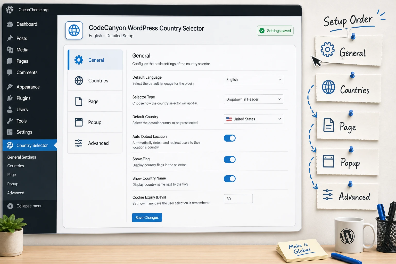 Map of the main CodeCanyon WordPress Country Selector settings after installation