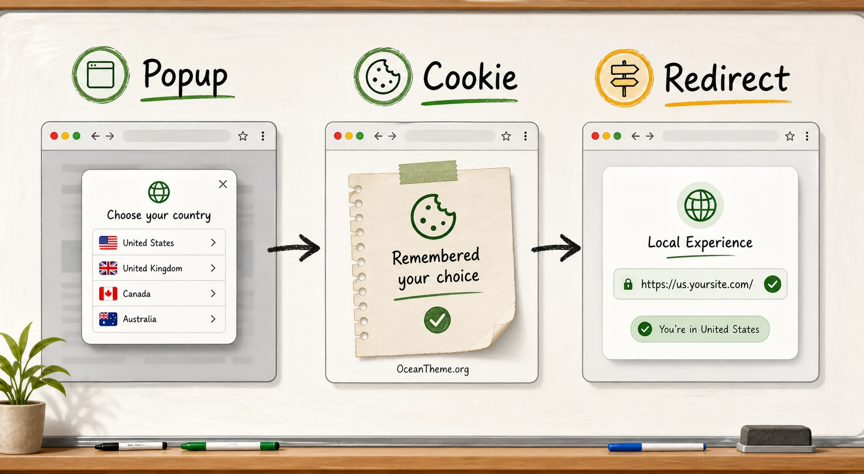 Example of how popup, cookie, and redirect interact in WordPress Country Selector