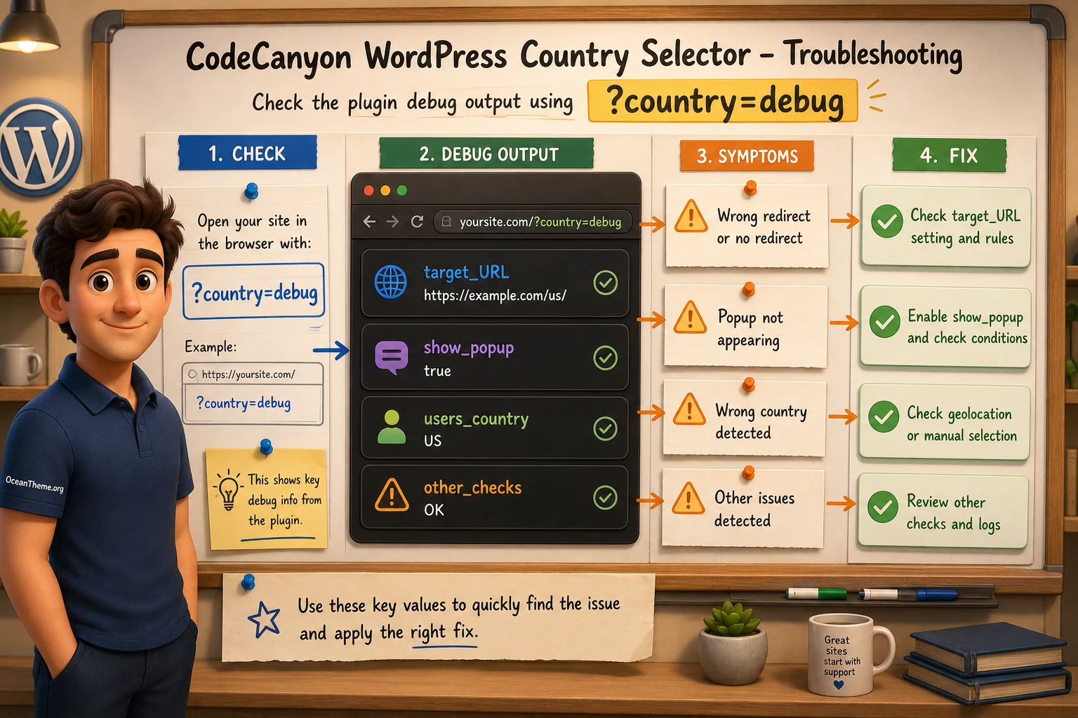 WordPress Country Selector diagnostic map with country debug mode