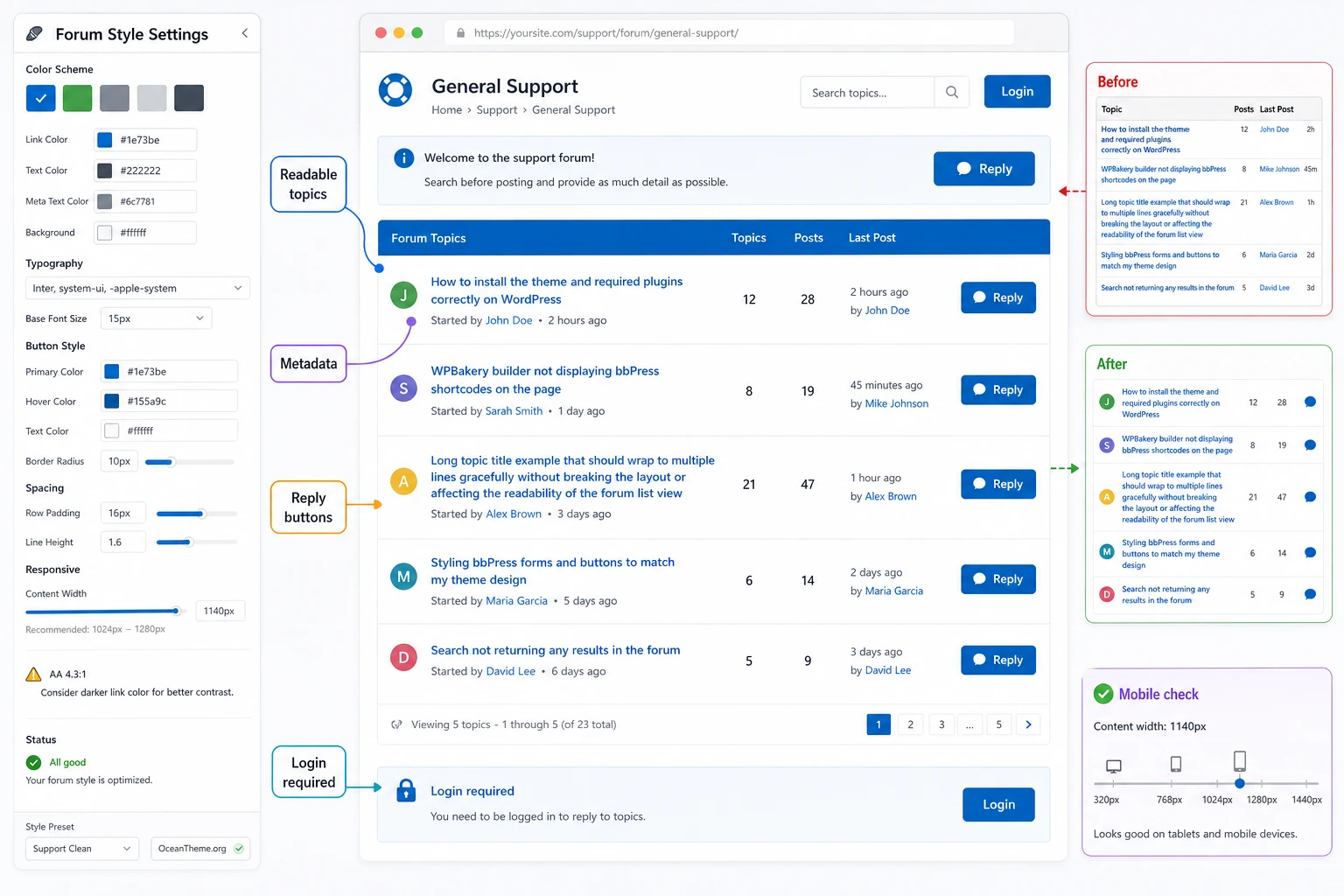 Configuring bbPress forum appearance through colors fonts and result checks