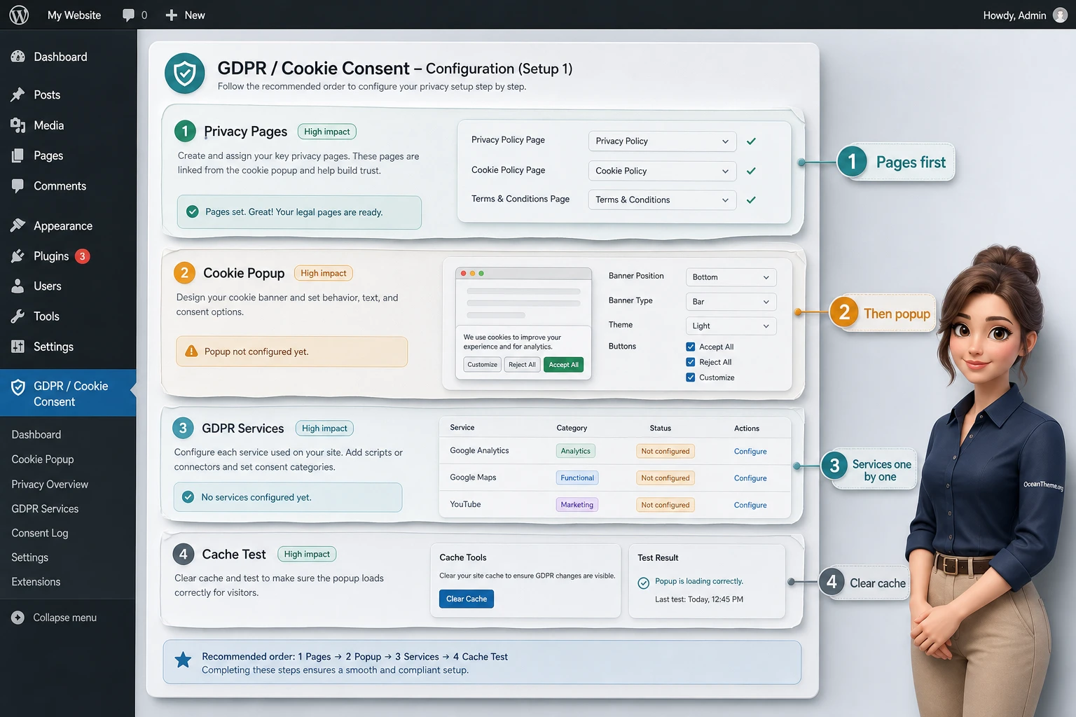 Map of the initial WordPress GDPR settings after installation