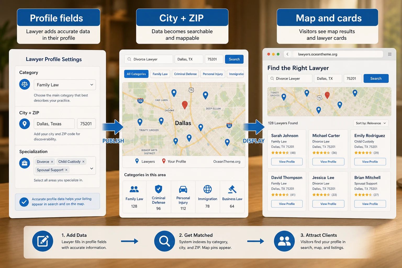 Filter, category, and map setup for the Lawyer Directory legal directory