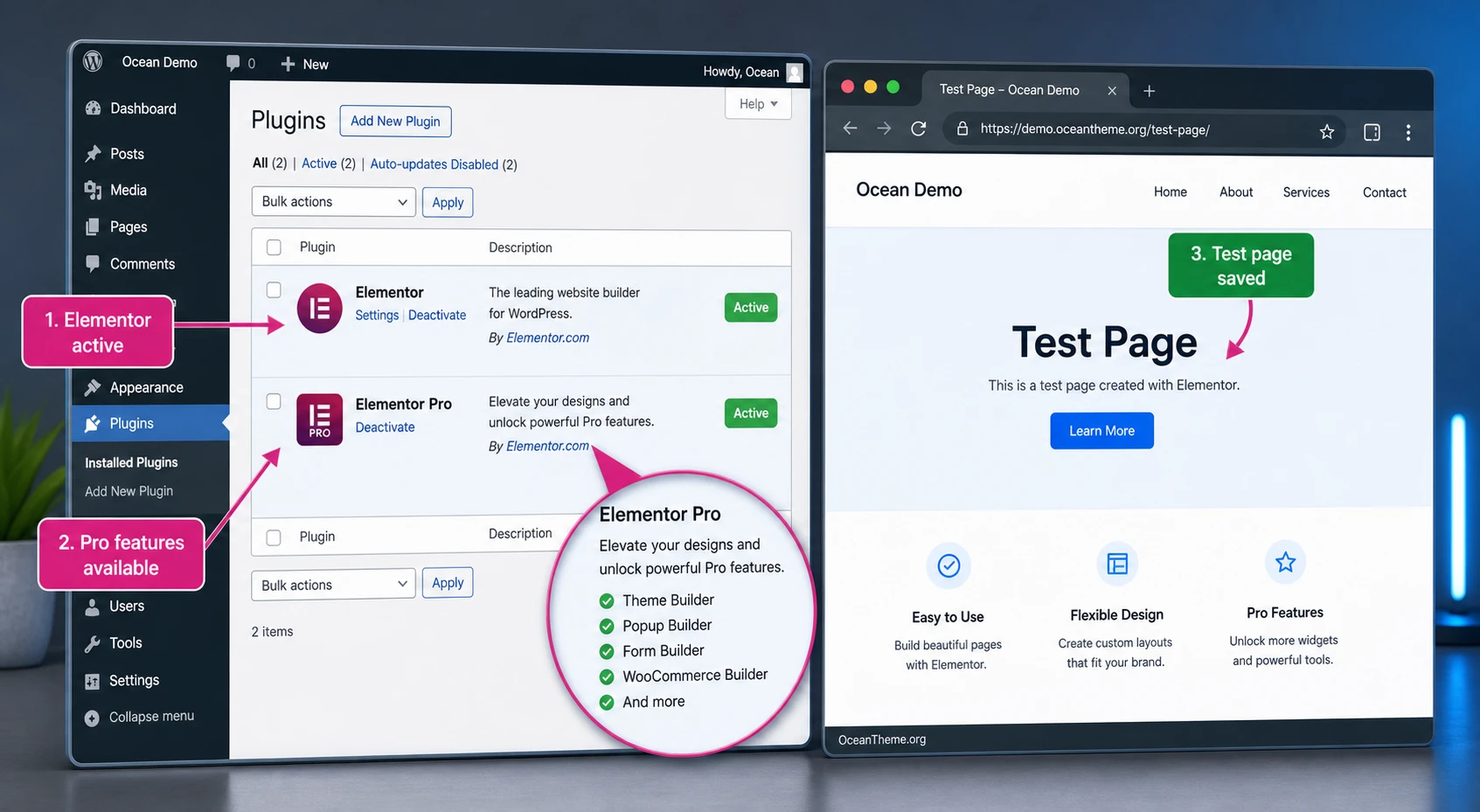 Installation and initial validation path for Elementor Pro in the WordPress admin area