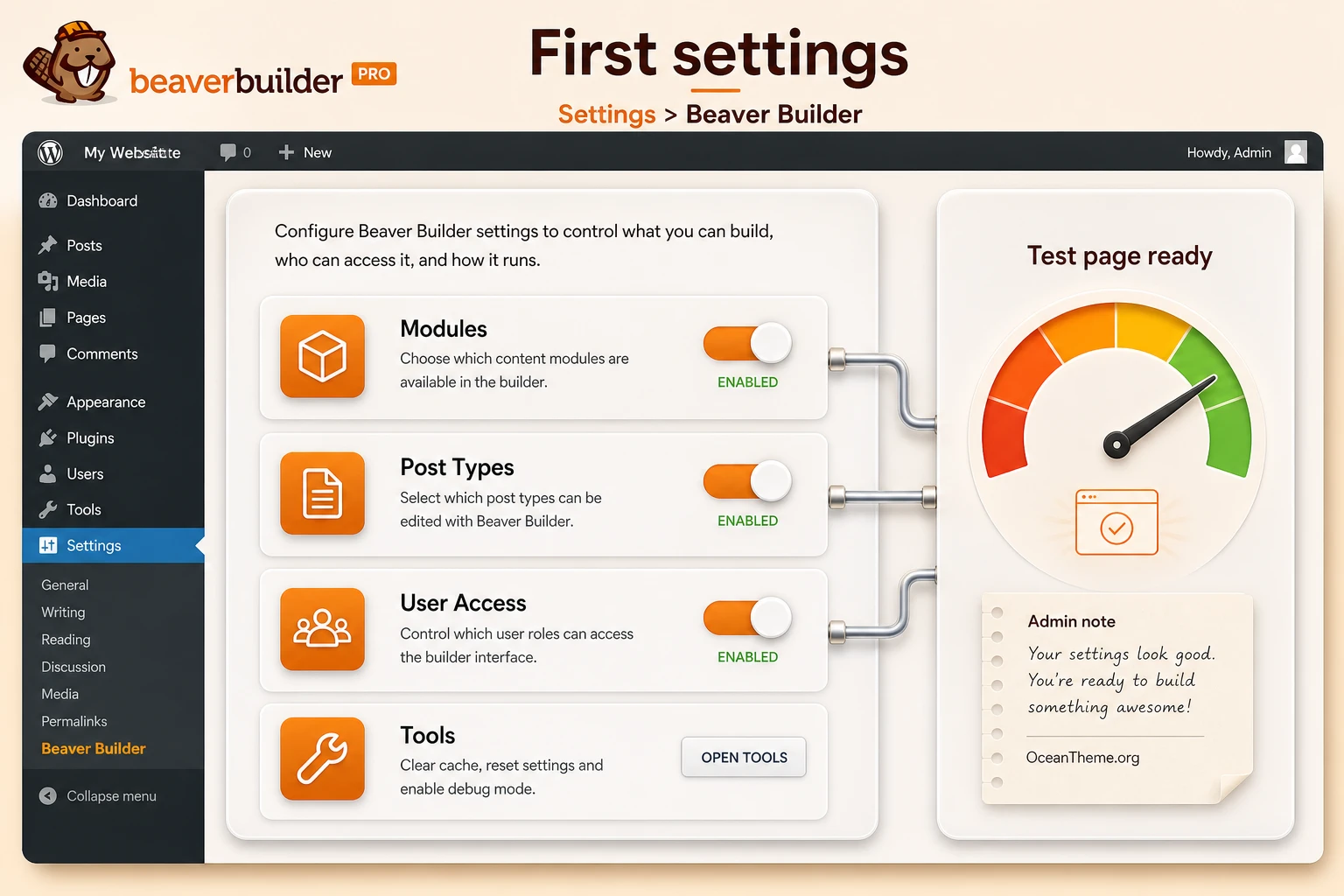 Map of the first Beaver Builder Pro settings after installation in the WordPress admin area