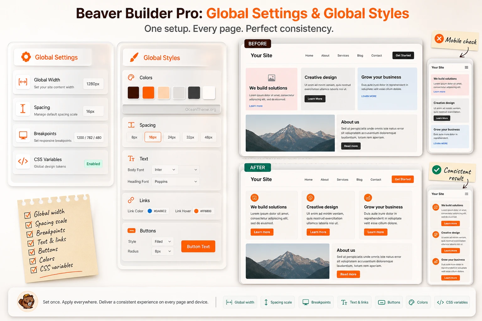 Beaver Builder Pro global styles: colors, typography, buttons, and the page result