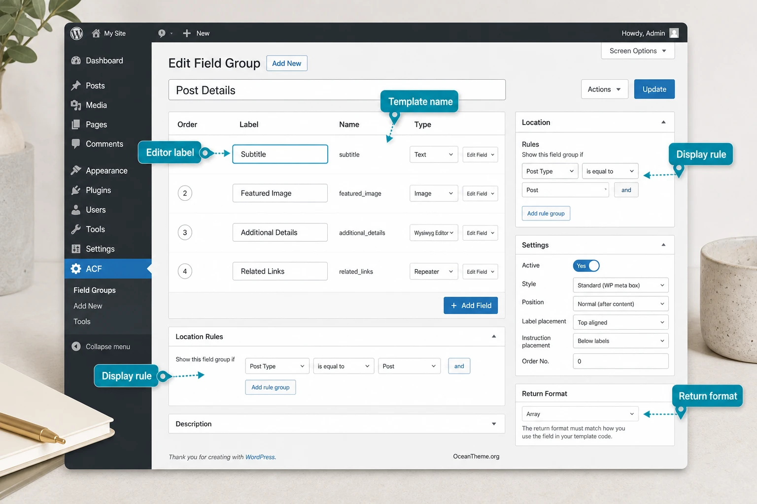Advanced Custom Fields Pro field group configuration map in WordPress