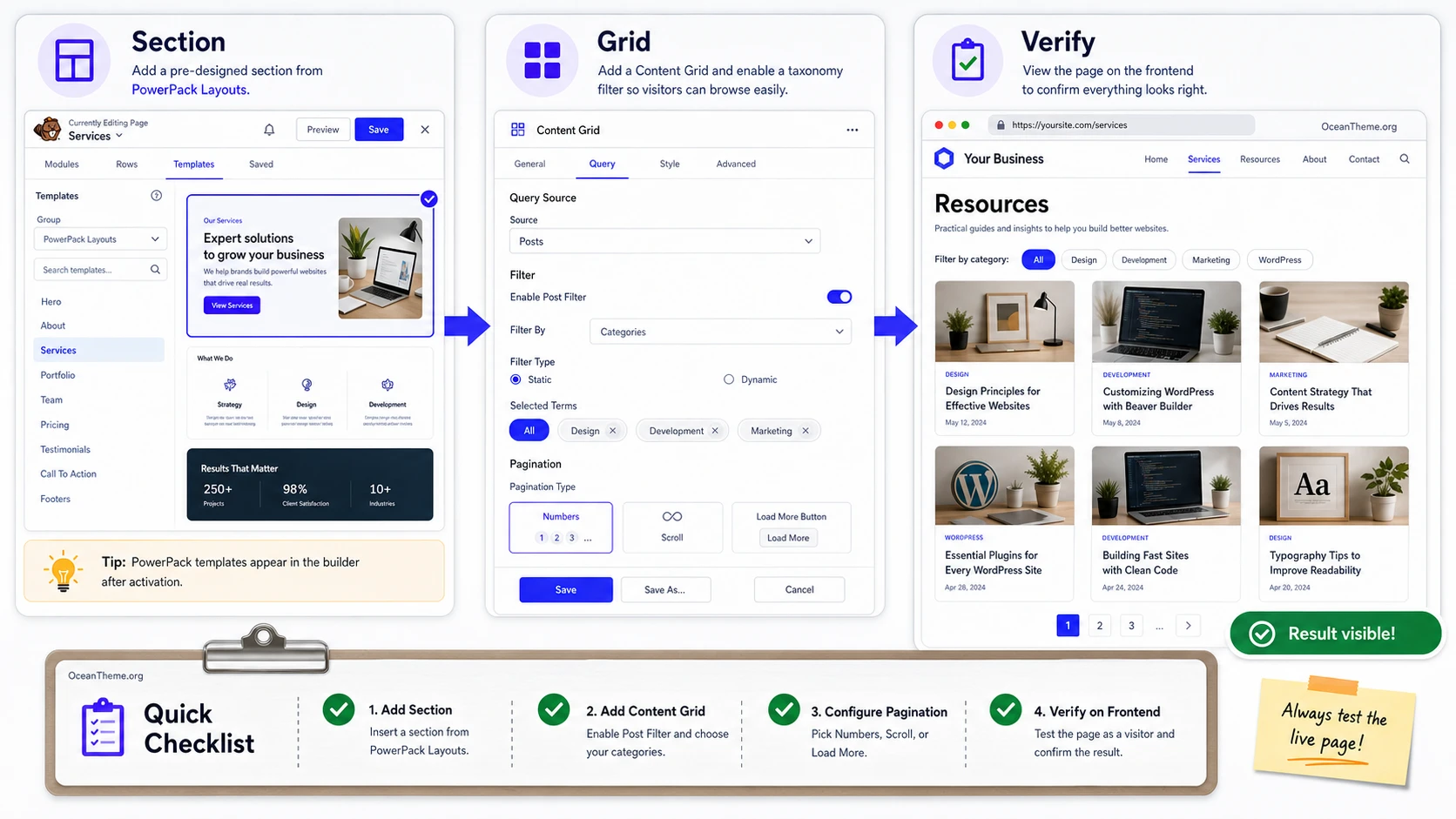 Practical page scenario with a template, Content Grid, and result validation