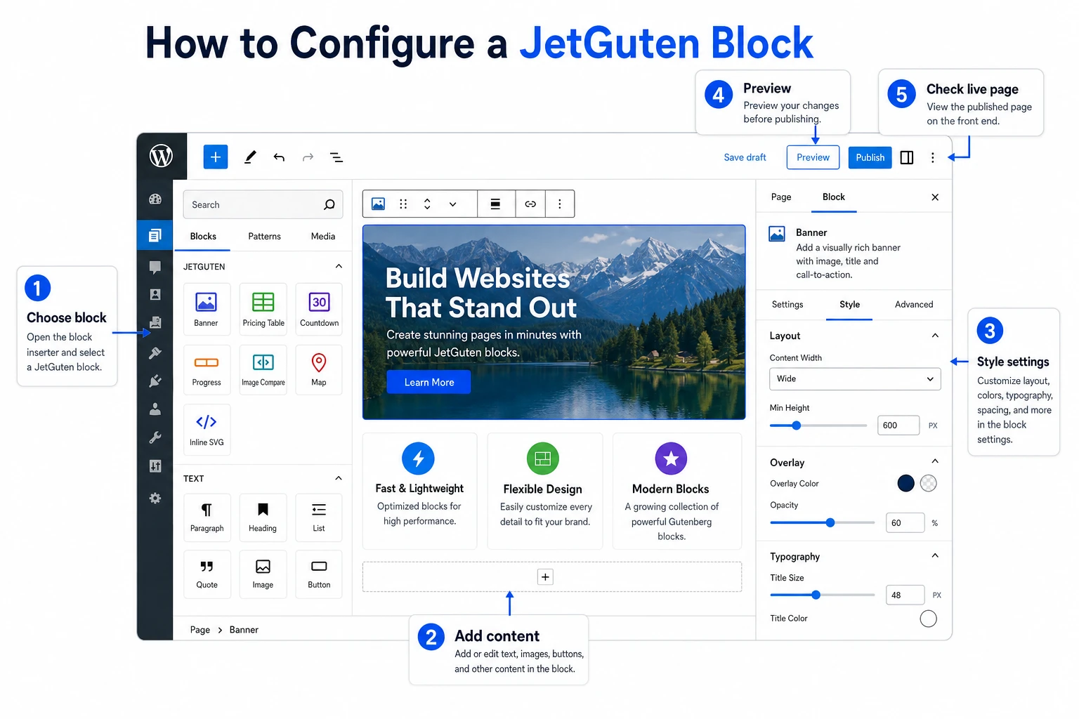 Workflow for using JetGuten blocks in the Gutenberg editor