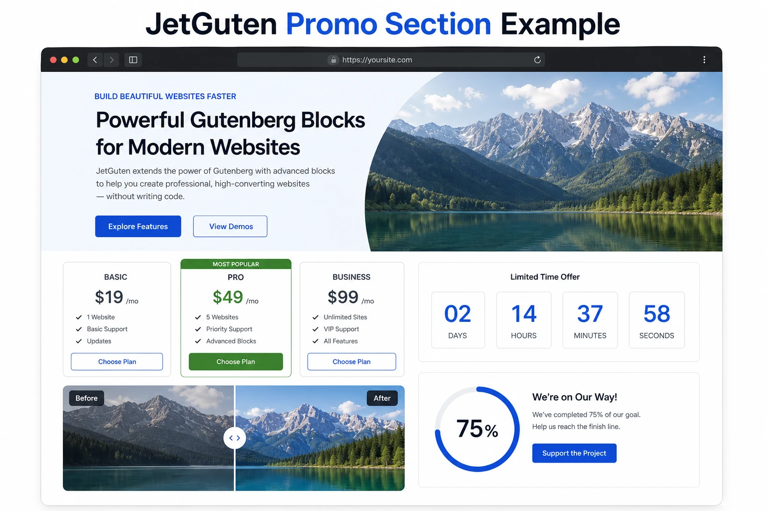 Example of a WordPress promo section built with CodeCanyon JetGuten blocks