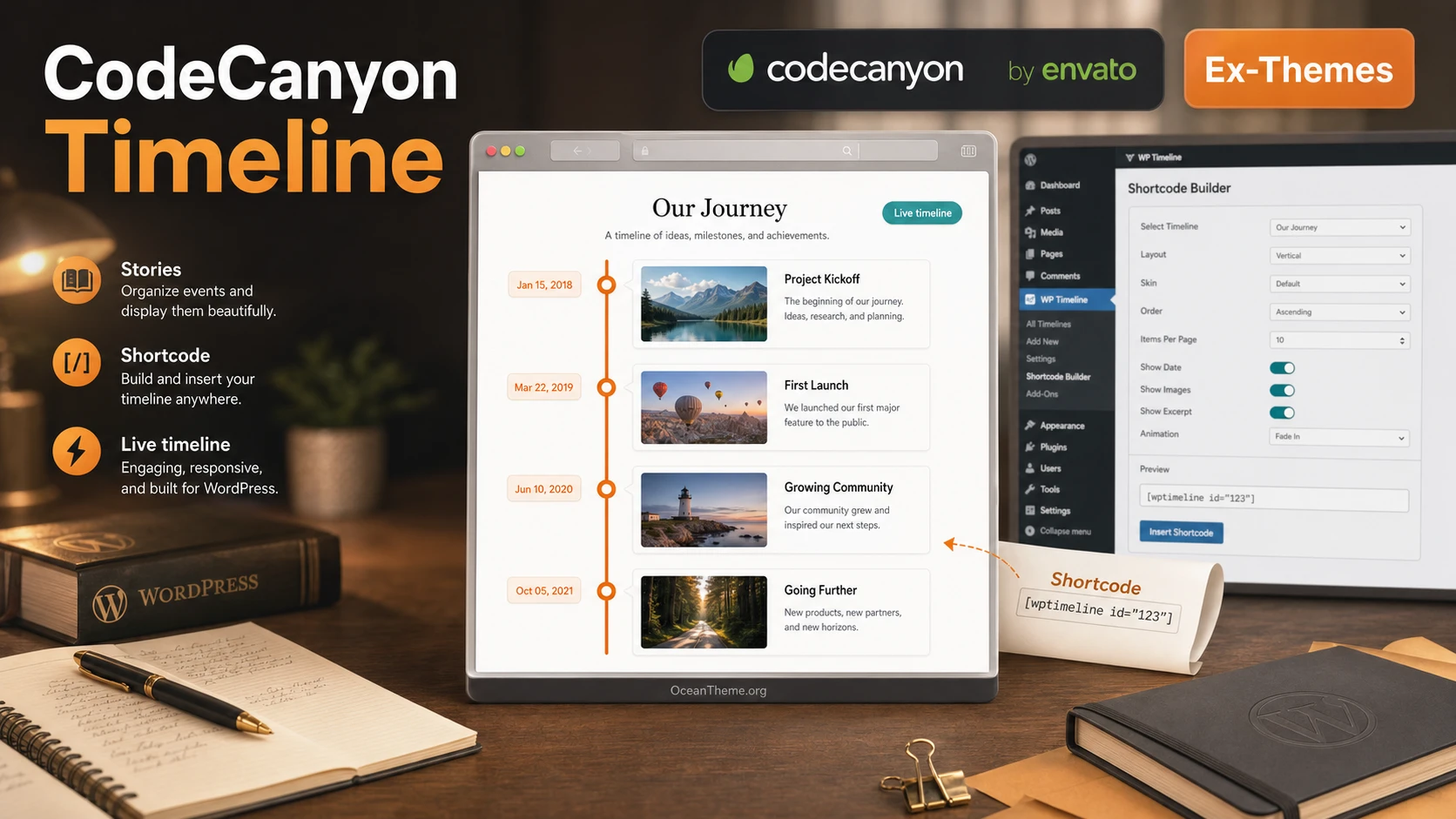 CodeCanyon Timeline as a visual WordPress timeline with admin settings and front-end result