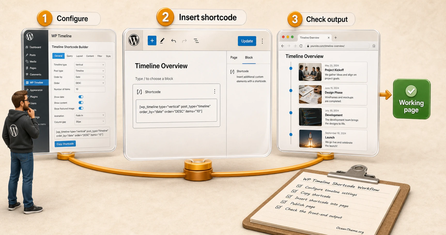 CodeCanyon Timeline shortcode builder and the path from settings to front-end output on a WordPress page
