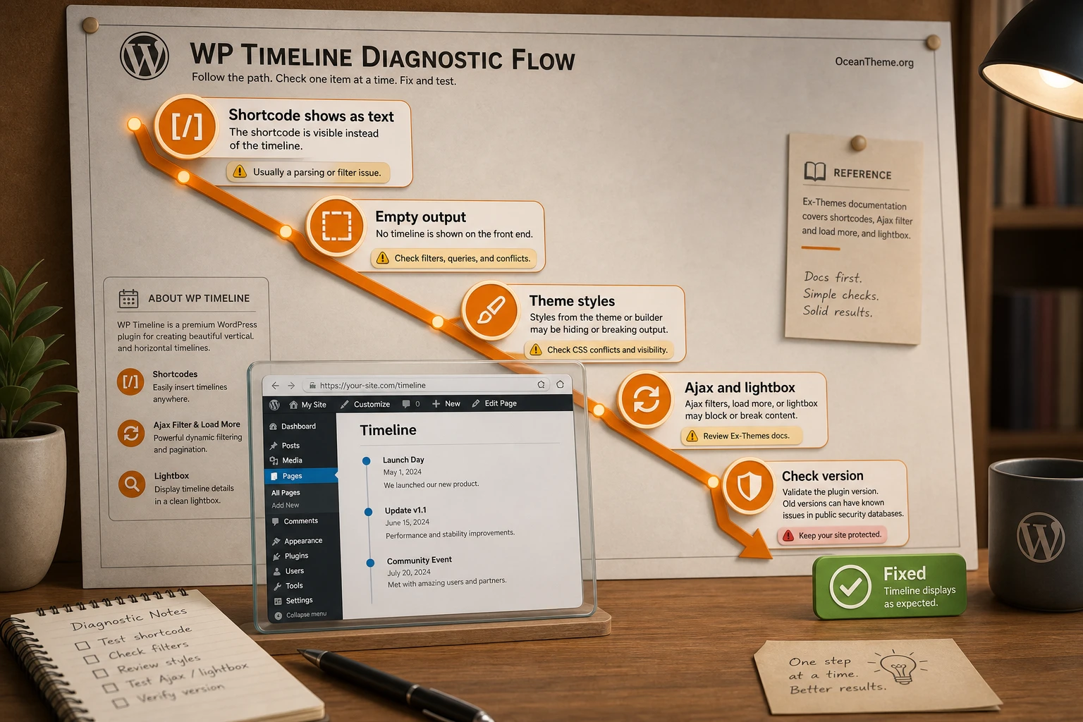 Diagnosing WP Timeline when output is empty, styles conflict, Ajax fails, or lightbox breaks