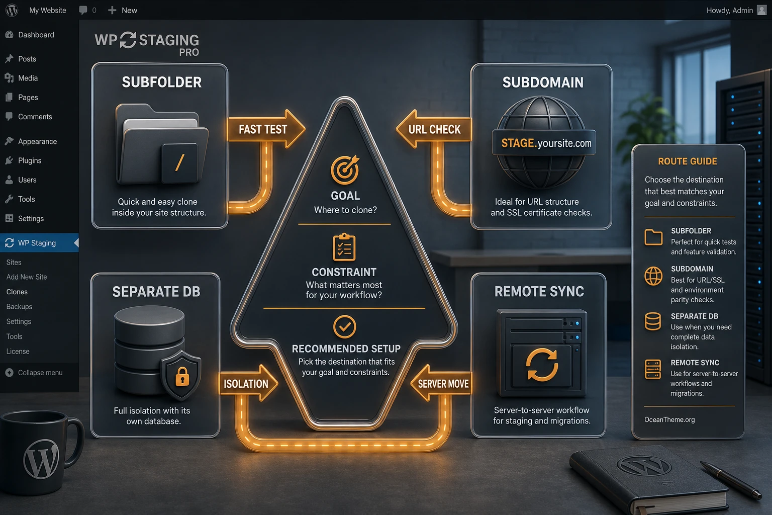 Diagram for choosing between a subfolder, subdomain, separate database, and Remote Sync in WP Staging Pro