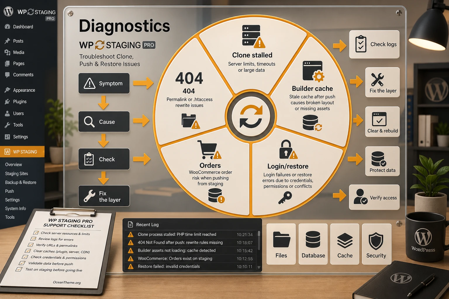 Diagnostic diagram of common WP Staging Pro errors during clone, push, and restore