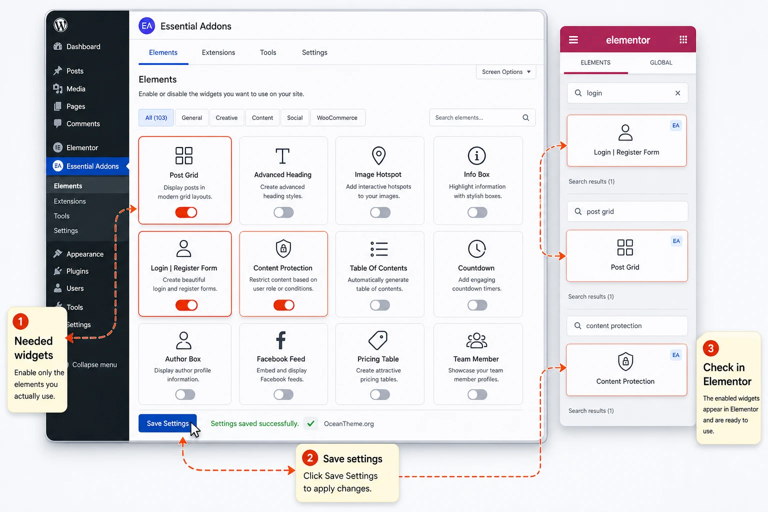 Diagram of the Elements configuration screen in Essential Addons for Elementor Pro after installation