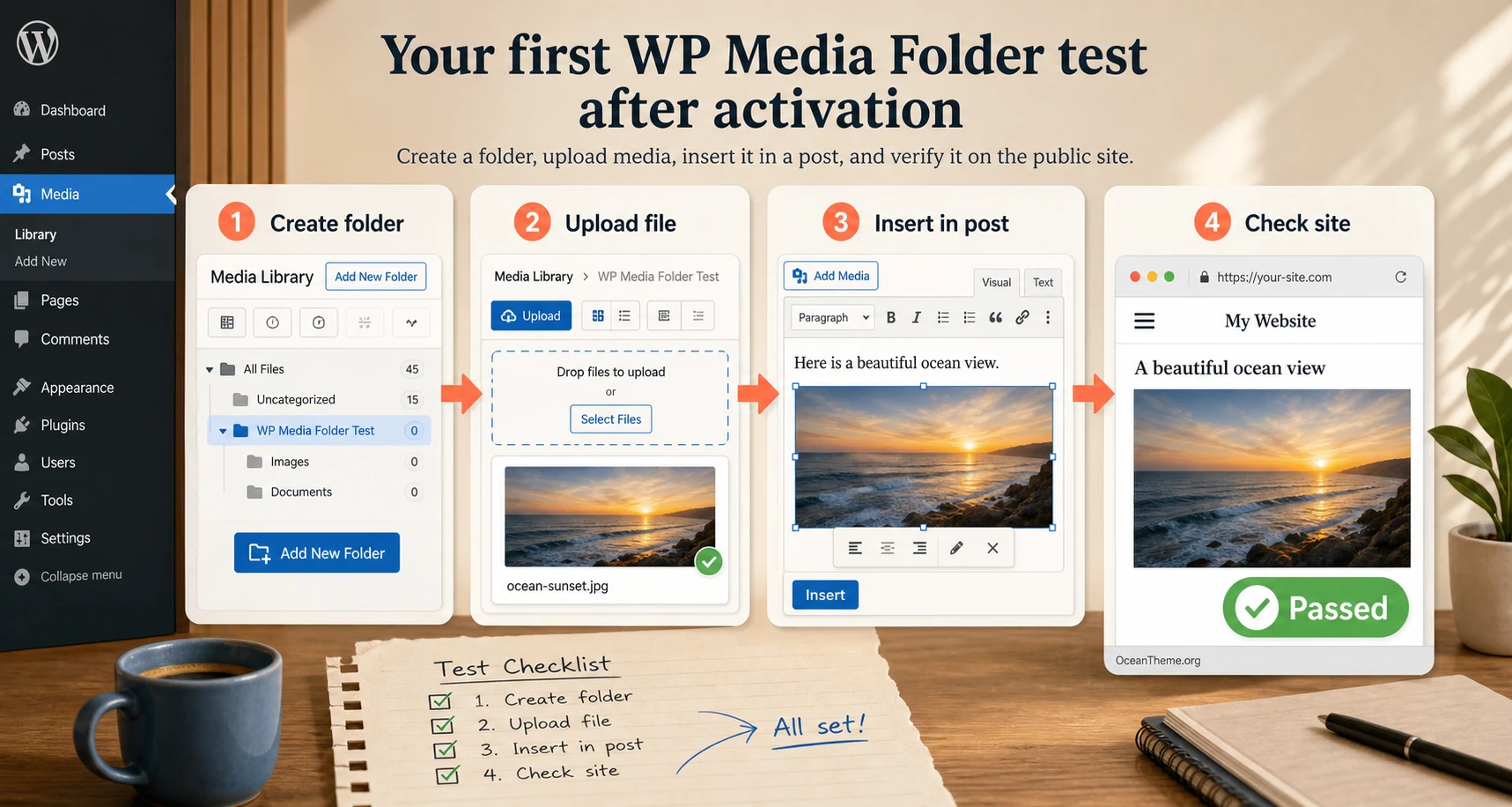 WP Media Folder inside the WordPress media library with folders, filters, and an insertion check