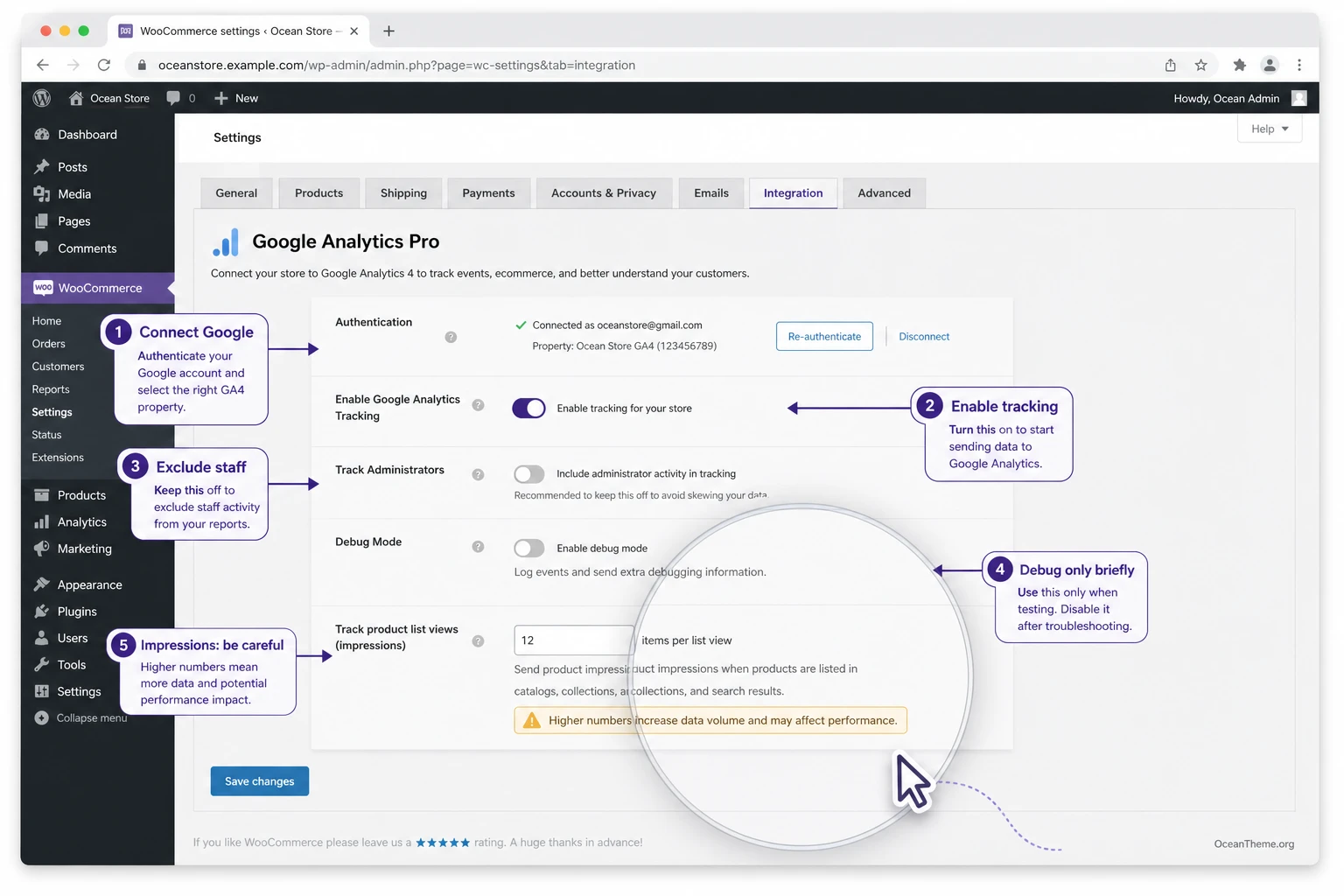 Map of WooCommerce Google Analytics Pro settings in the WordPress admin panel