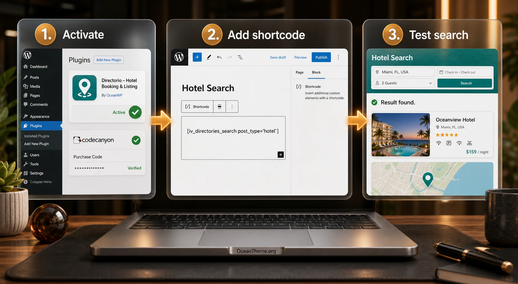 Configuring pages and the CodeCanyon Hotel Listing search shortcode in WordPress