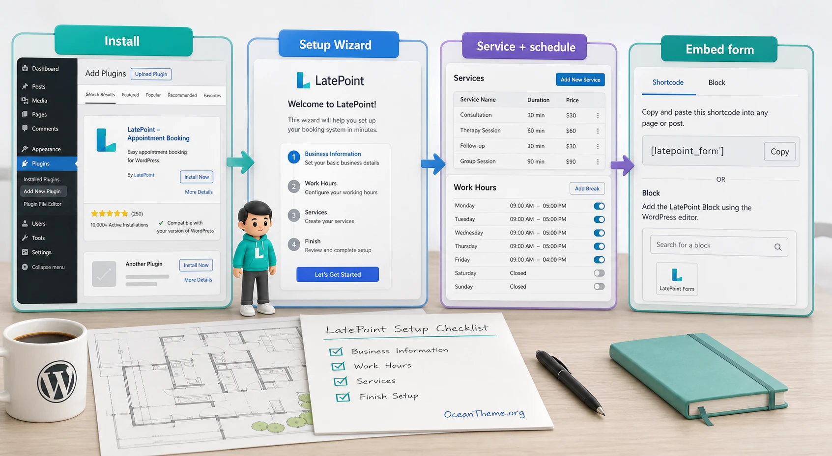 LatePoint first-run map with the setup wizard and form placement on a page