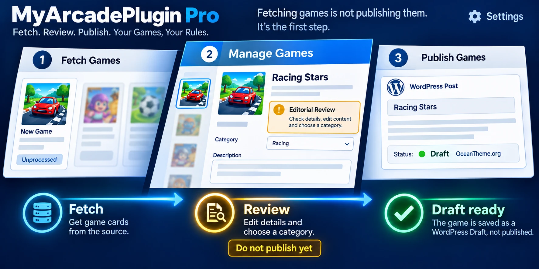Preparing WordPress for MyArcadePlugin Pro: source, categories, test post, and theme review