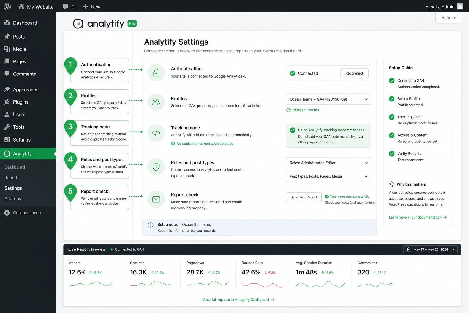 Map of the key Analytify Pro settings after installation