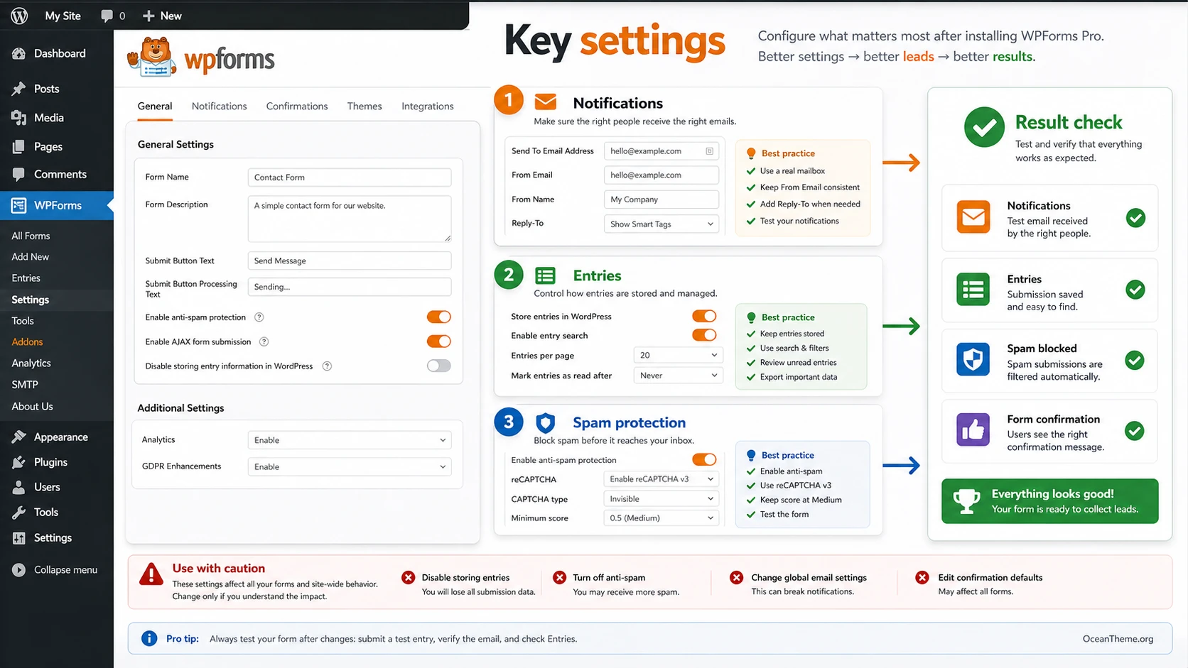 Map of key WPForms Pro settings after installation