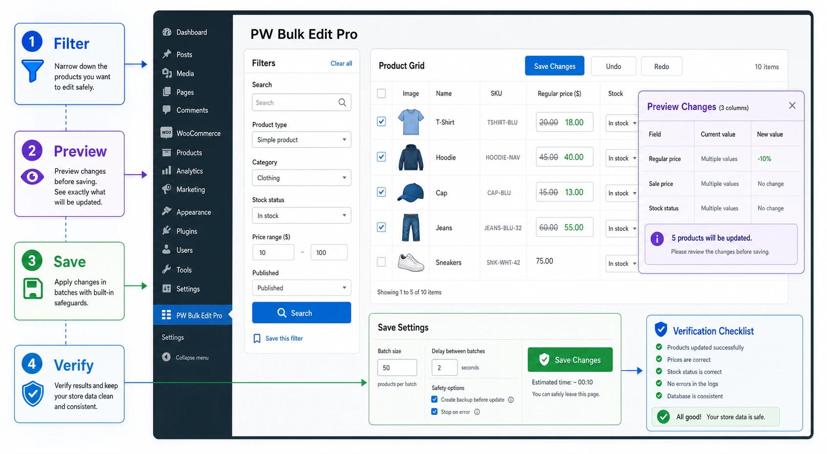PW WooCommerce Bulk Edit Pro as a working dashboard for bulk editing WooCommerce products