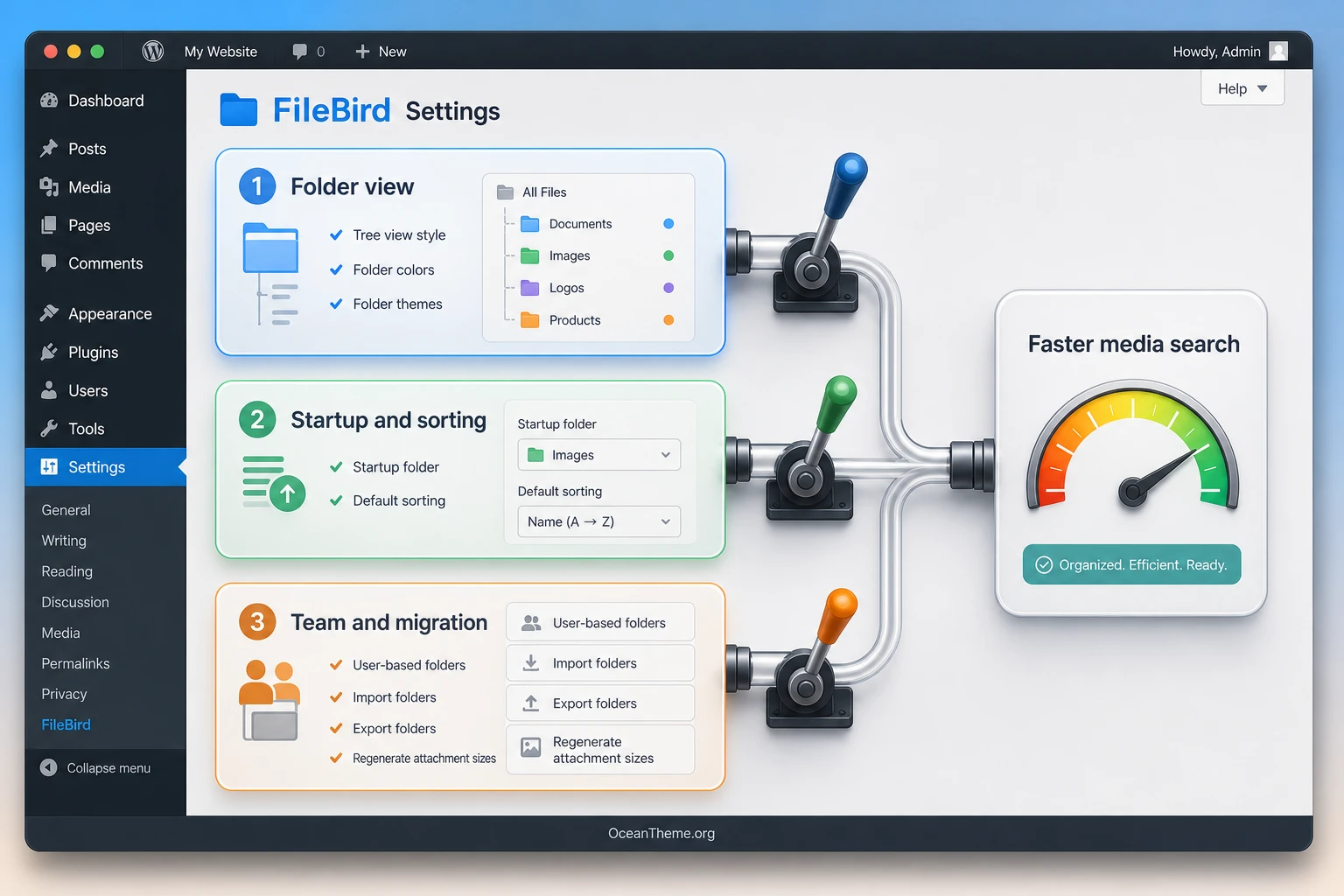 FileBird settings panel with folders, sorting, colors, and import tools
