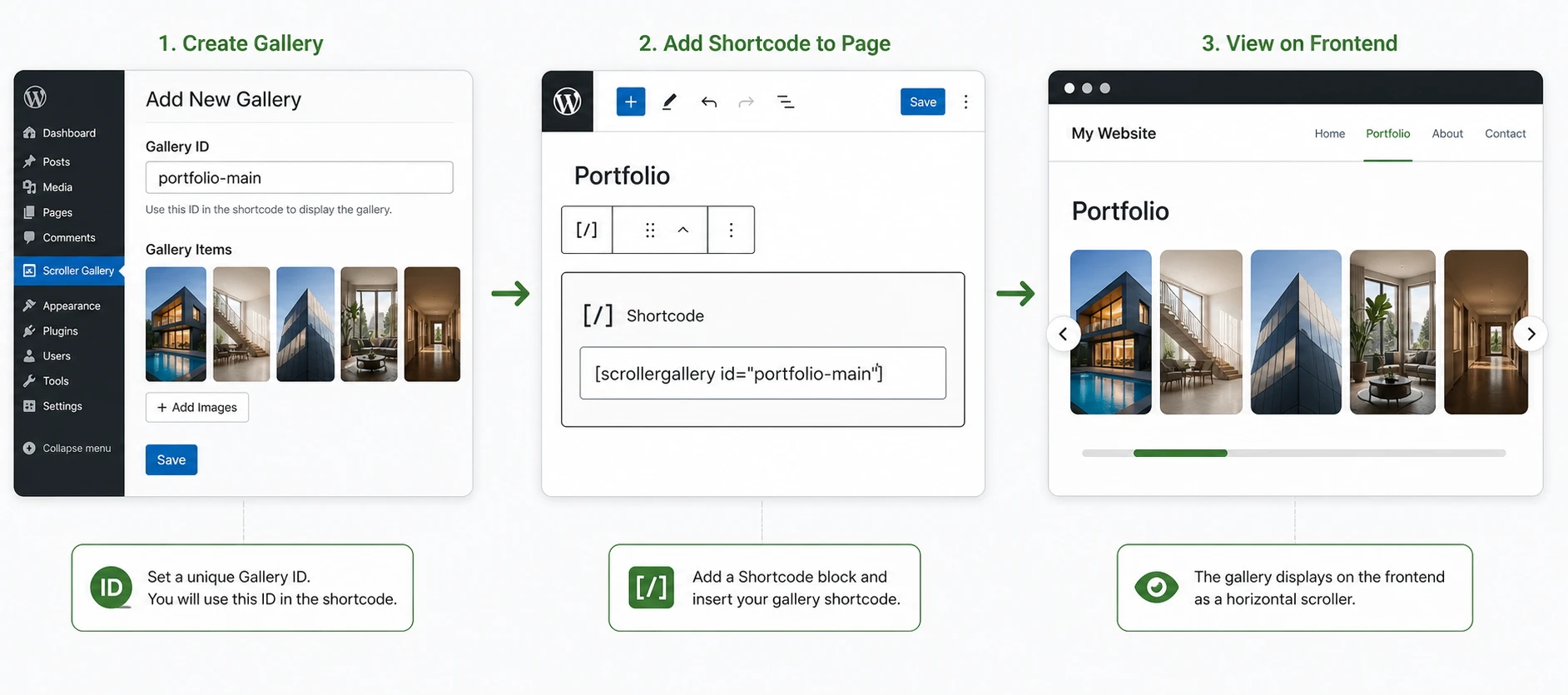Example of inserting the Scroller Gallery shortcode on a WordPress page and the resulting front-end output