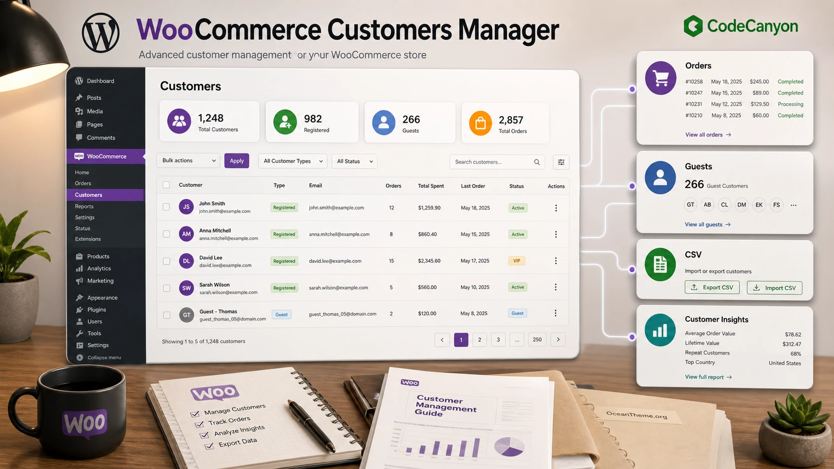 Cover image for the CodeCanyon WooCommerce Customers Manager guide with a WooCommerce customer data map