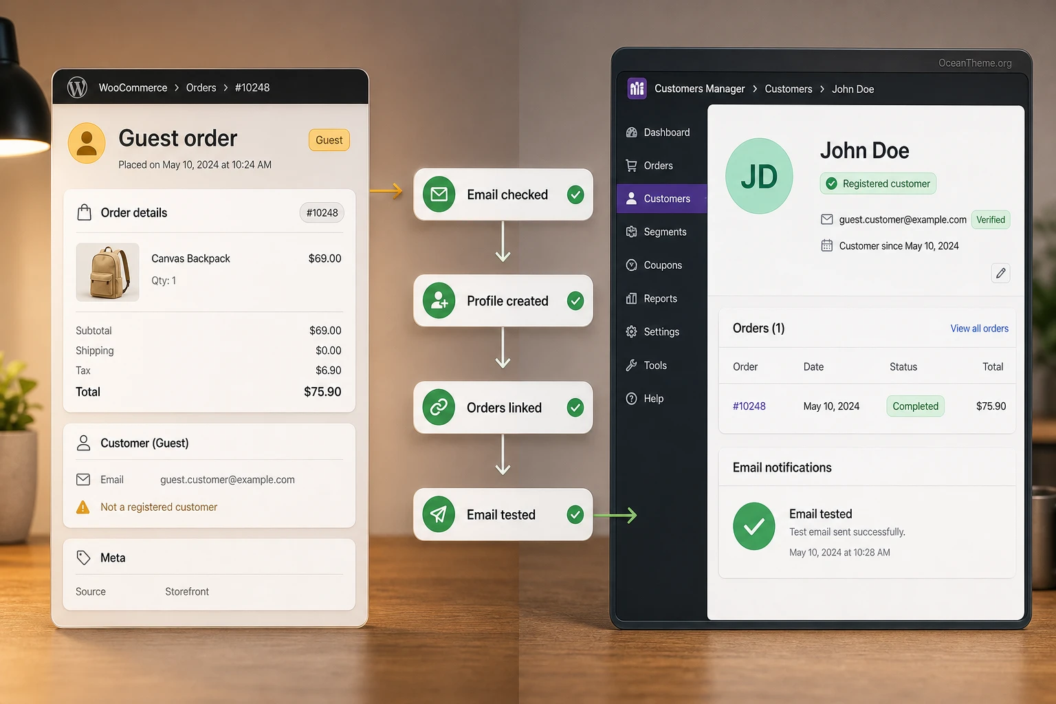 Path from a guest order to a registered customer in WooCommerce Customers Manager