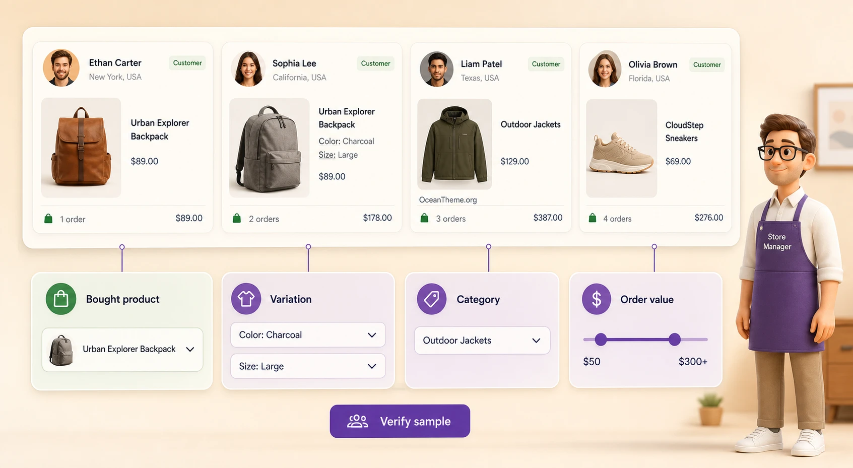 WooCommerce customer segmentation by products, variations, and order totals