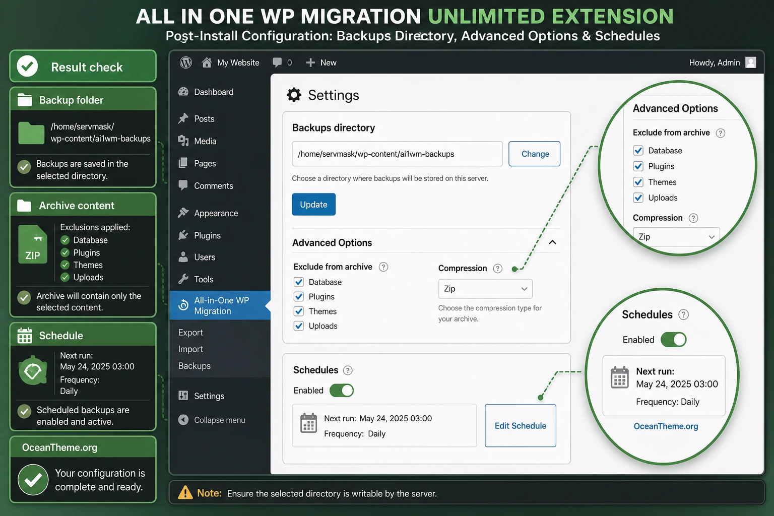 Settings for the large archive import extension after installation