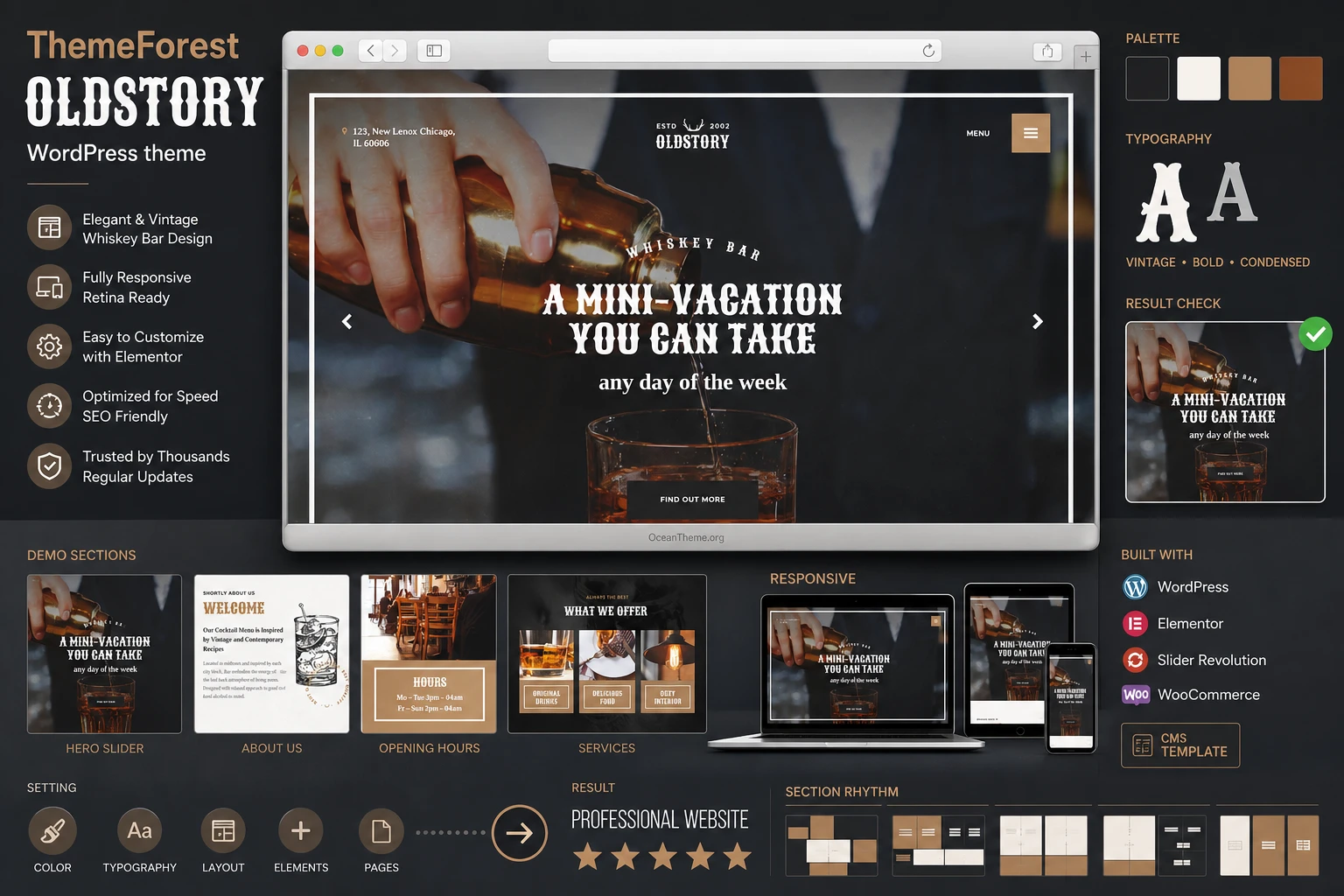 ThemeForest OldStory in a browser mockup with a signature whiskey bar hero section and setup callouts
