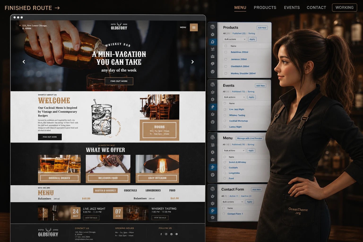 Example of the OldStory result after setting up the homepage, menu, products, and events
