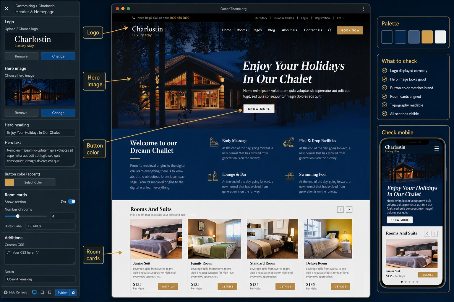 ThemeForest Charlostin header and palette setup map in WordPress