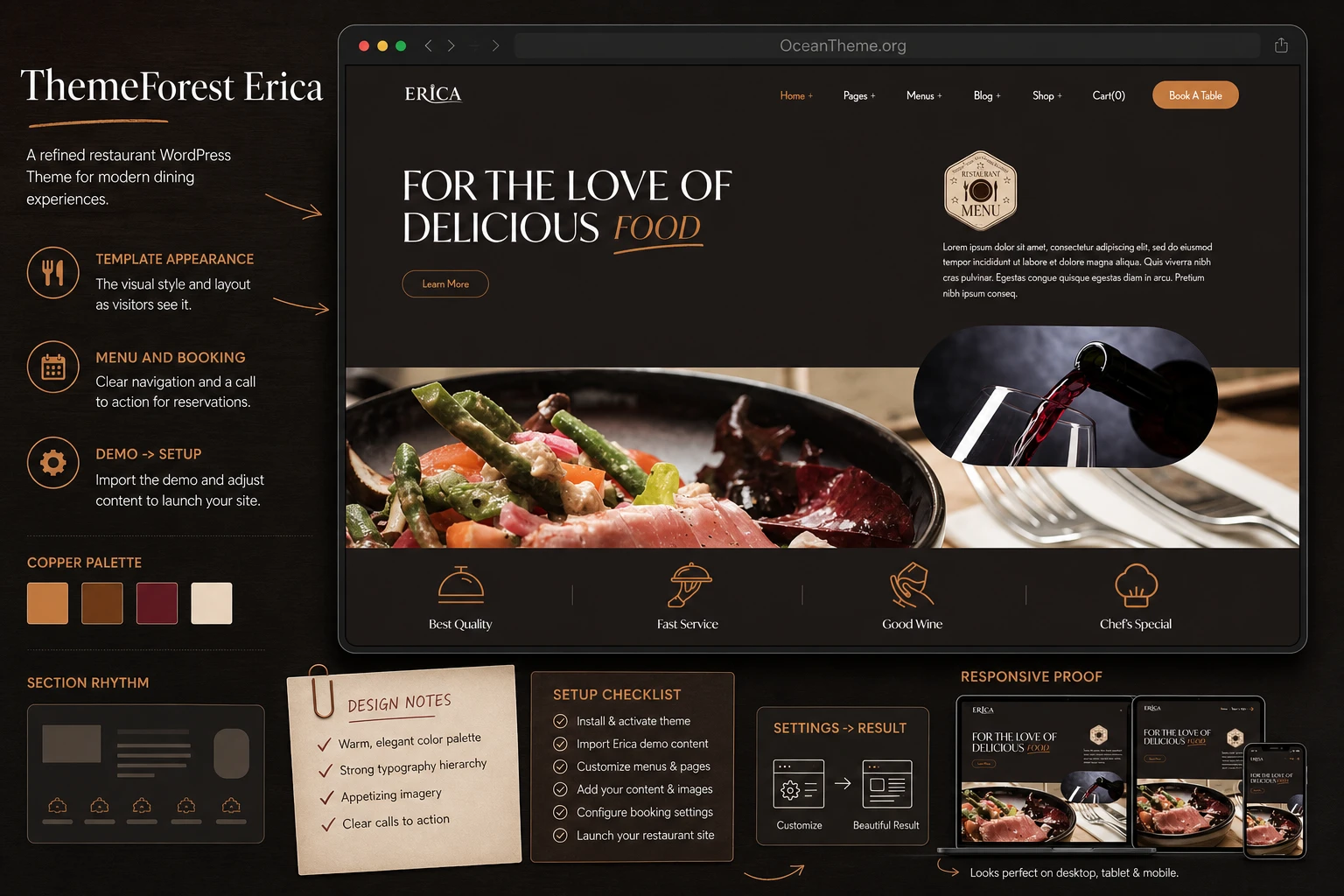 Cover image for the ThemeForest Erica guide showing the restaurant template design