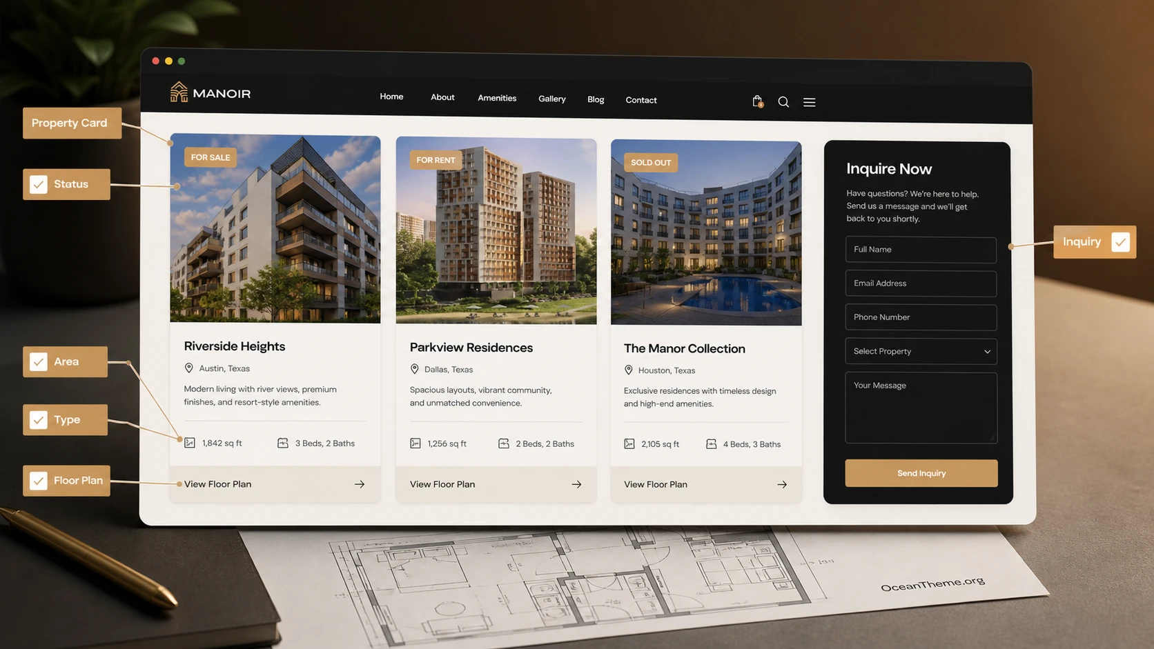 Apartment cards and amenity blocks in Manoir for WordPress