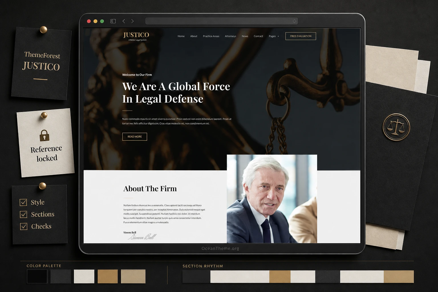 Cover image for the ThemeForest JUSTICO guide with a law template reference